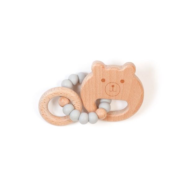 Image Hochet de bois Mini - Ourson gris pâle